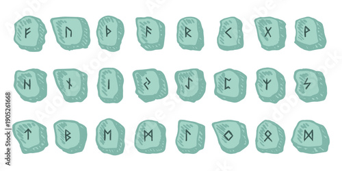 Set of hand drawn viking runes Rune stones with ancient norse alphabet characters engraved on them Scandinavian futhark germanic celtic Single element for design, print, web, decor