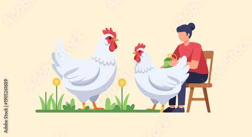 Person tending to two white chickens in a grassy area with flowers