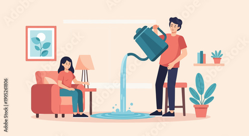 Person watering a plant indoors causing a large water spill