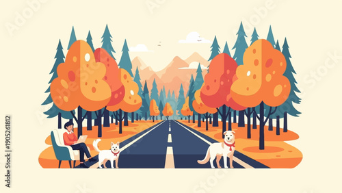 Person using laptop with dogs in colorful autumn forest landscape