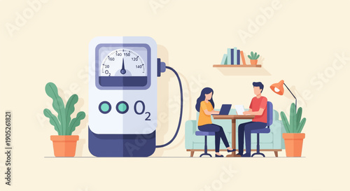 People working with oxygen monitor and laptop in room