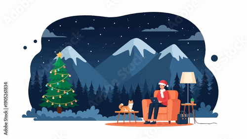 Person in Santa hat works on laptop by Christmas tree, dog nearby, snowy mountains