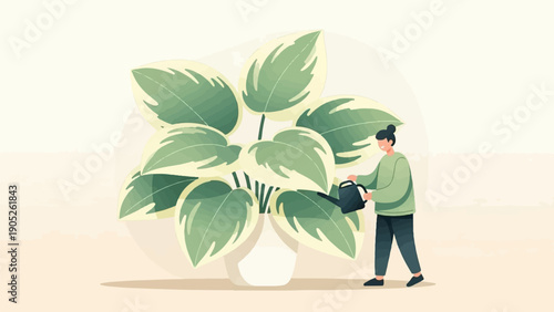 Person waters large variegated houseplant in a pot