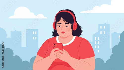 Person wearing headphones, looking at phone, with city skyline background