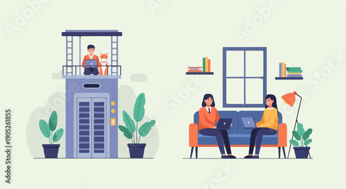 Person and cat in elevator booth, two people working on laptops on couch