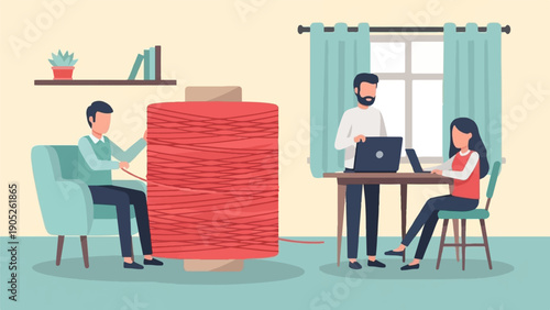 People working with yarn and laptops in a room