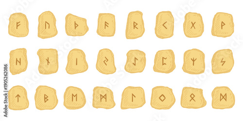 Set of hand drawn viking runes Rune stones with ancient norse alphabet characters engraved on them Scandinavian futhark germanic celtic Single element for design, print, web, decor