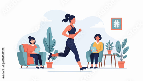 Person jogging inside while two others relax on chairs with tablets