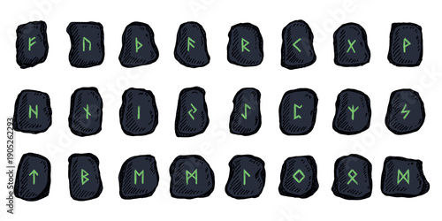 Set of hand drawn viking runes Rune stones with ancient norse alphabet characters engraved on them Scandinavian futhark germanic celtic Single element for design, print, web, decor
