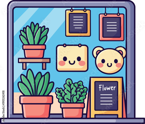 Cute flower shop window display vector illustration with potted plants