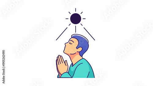Person with closed eyes, hands clasped, looking up at sun