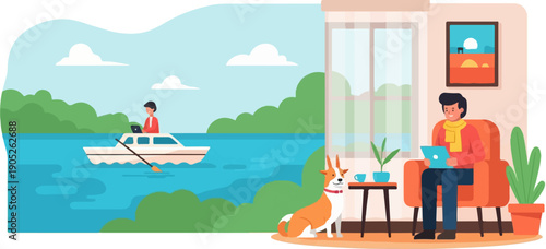 Person on boat works on laptop, while another sits in chair with tablet and dog