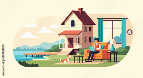 Person on couch with dog and laptop, house by lake