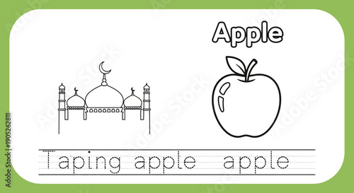 Apple coloring page for kids with mosque
