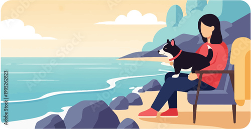 Person with dog relaxing by the ocean on a chair