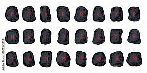 Set of hand drawn viking runes Rune stones with ancient norse alphabet characters engraved on them Scandinavian futhark germanic celtic Single element for design, print, web, decor