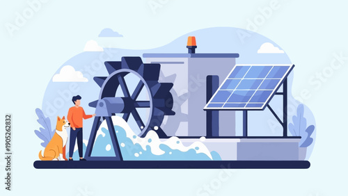 Person and dog observe water wheel and solar panel by the water