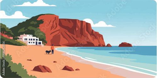Person with dog strolls beach by white villa and red cliffs