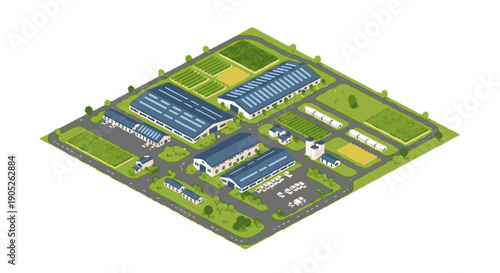 Modern farm and agricultural enterprise isometric map illustration with cultivated fields buildings and infrastructure