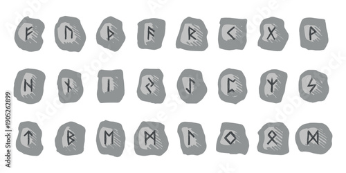 Set of hand drawn viking runes Rune stones with ancient norse alphabet characters engraved on them Scandinavian futhark germanic celtic Single element for design, print, web, decor