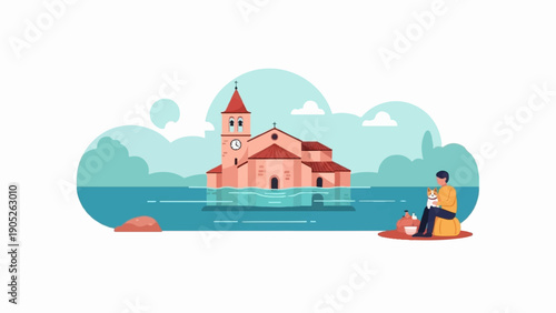 Person and dog sit near a flooded church building in a surreal dreamscape