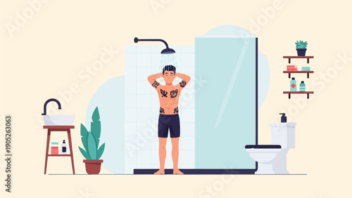 Person with tattoos showering in a modern bathroom with plants and toiletries