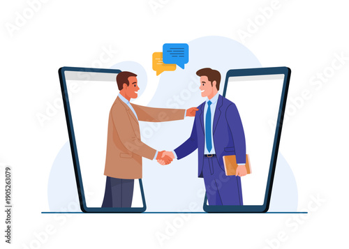 Virtual Business Meeting Handshake Between Two Professionals stock illustration.