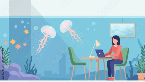 Person working at a desk beside an aquarium with jellyfish and fish
