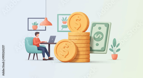 Person working on laptop beside pile of coins and cash, symbolizing financial growth