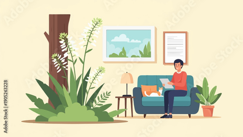 Person reading on couch with cat and plants inside