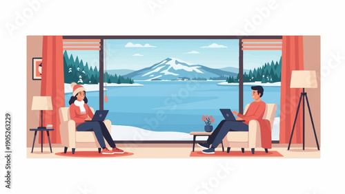 People working on laptops with a serene snowy landscape view from window