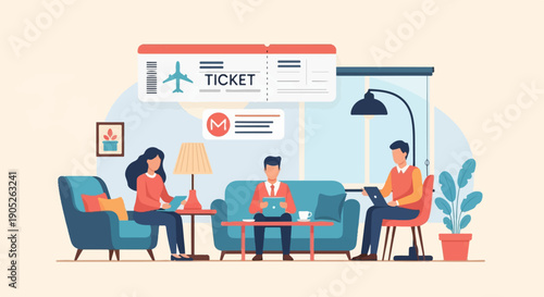 People working on laptops with an airplane ticket displayed above