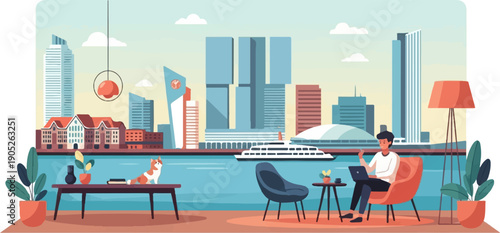 Person working on laptop by waterfront with cityscape and cat