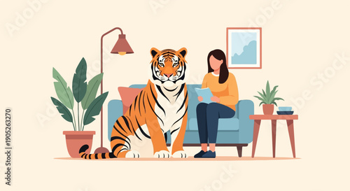 Person reading on sofa with tiger and plants in room