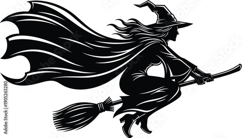 Black, Silhouette, Vector, Illustration, of, a, Mystical, Witch, Flying, on, a, Broomstick, with, a, Flowing, Cape, for, Halloween, Magic, and, Fantasy, Designs