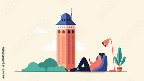 Person relaxes on beanbag chair, using phone, beside tower and plant