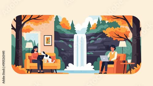 People working on laptops with dog and waterfall in autumn forest