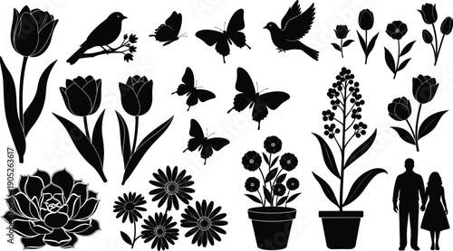 Hand drawn black silhouette collection featuring wildflower botanical borders romantic couple engagement wedding proposal and gardening scenes for minimalist crafts and invitation designs