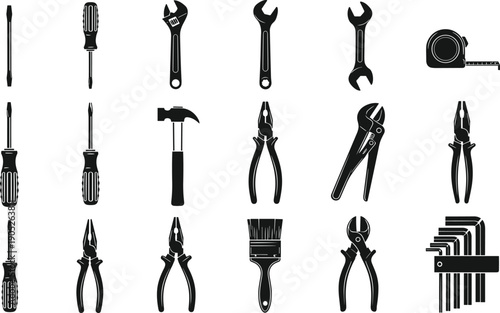 Hand tool silhouette, screwdriver illustration, wrench design artwork, hammer graphic icon, pliers drawing sketch, paintbrush symbol image, tape measure outline, hex key concept