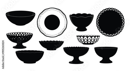 Tableware silhouettes with different designs and styles on white background