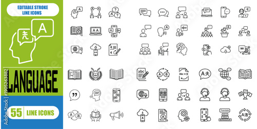 Language line icon set. Contain icons related to International Languages, Translation, Speaking, Writing, Listening, and More. Editable stroke. Vector illustration