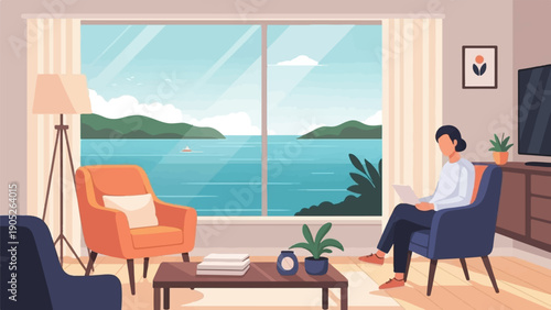 Person relaxing in a living room overlooking a serene ocean landscape