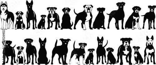 Large Collection of Twenty One Black and White Vector Silhouettes Featuring Various Dog Breeds Including Husky Bulldog Pitbull and Terrier for Pet Designs,