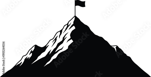 A black silhouette of a mountain peak with a flag waving on top in a simple vector illustration