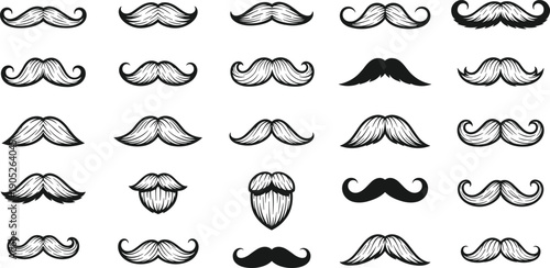 Large Collection of Twenty Five Hand Drawn Black and White Line Art Vector Illustrations Featuring Various Mustache Styles and Facial Hair Shapes,