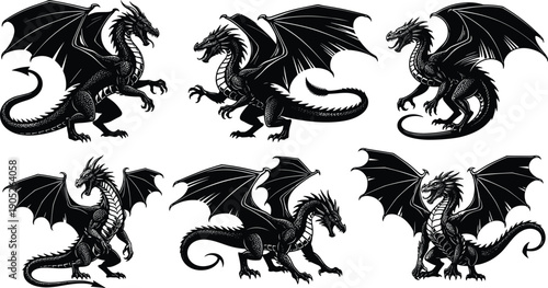 Set of black dragon silhouettes for mythical creature design cad drawing flat vector illustration including flying winged monsters and fantasy beasts