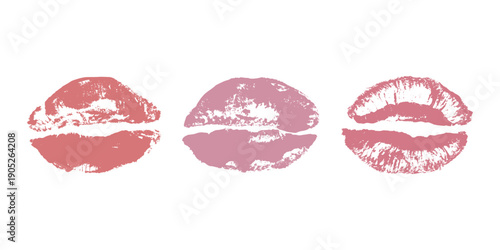 Set of lipstick kiss print Different shapes and colors imprint of lips Red pink female sexy lips makeup Design elements for beauty fashion poster Valentines Day wedding