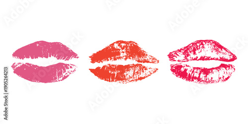 Set of lipstick kiss print Different shapes and colors imprint of lips Red pink female sexy lips makeup Design elements for beauty fashion poster Valentines Day wedding