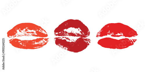 Set of lipstick kiss print Different shapes and colors imprint of lips Red pink female sexy lips makeup Design elements for beauty fashion poster Valentines Day wedding