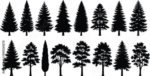 Set of black tree silhouettes for architectural site plans cad drawing flat vector illustration including pine fir cypress and deciduous species
